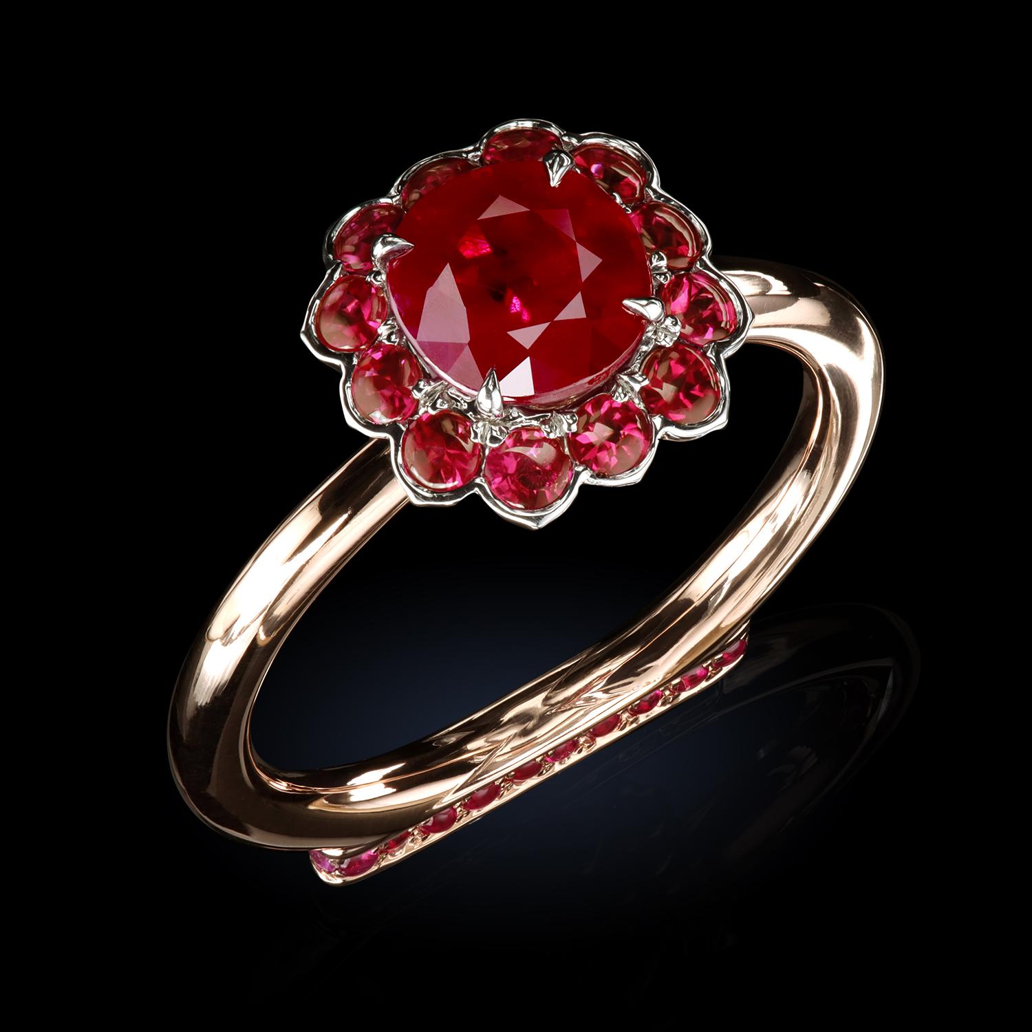Round Cut Flamingo Collection Ruby Ring in Rose Gold with Ruby Pave by Leon Mege For Sale
