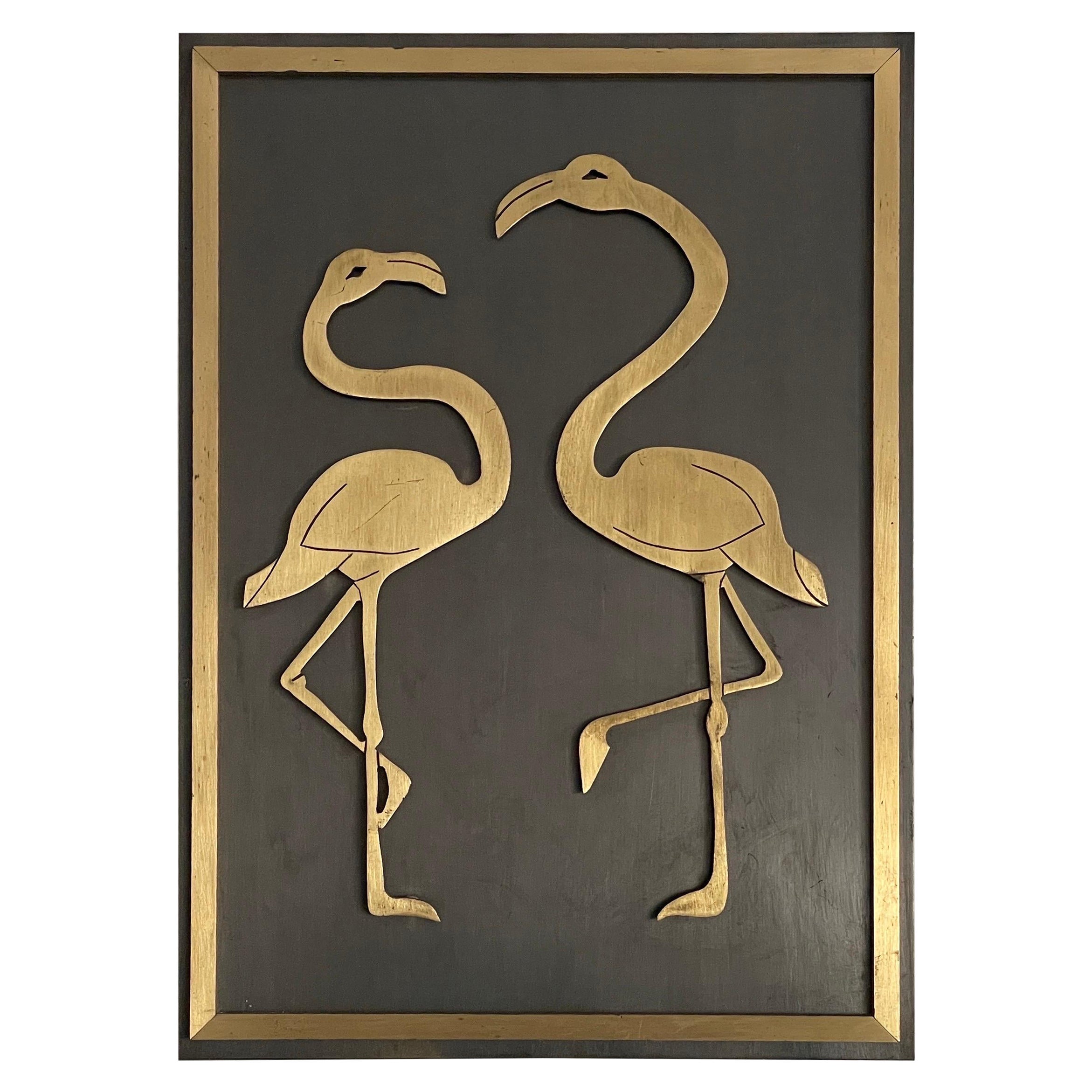 Flamingo Couple Brass and Black Metal Backside Wall Art, 1960s, Germany For Sale