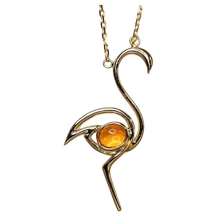 Flamingo Design Mexican Fire Opal Necklace 18K Yellow Gold