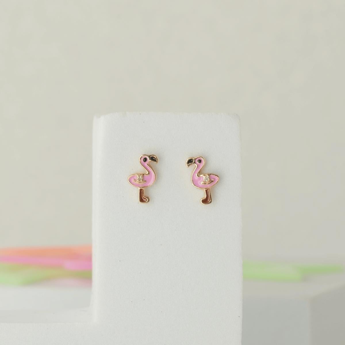 Art Deco Flamingo Diamond Kids Stud Earrings in 14k Solid Gold (Certified) For Sale