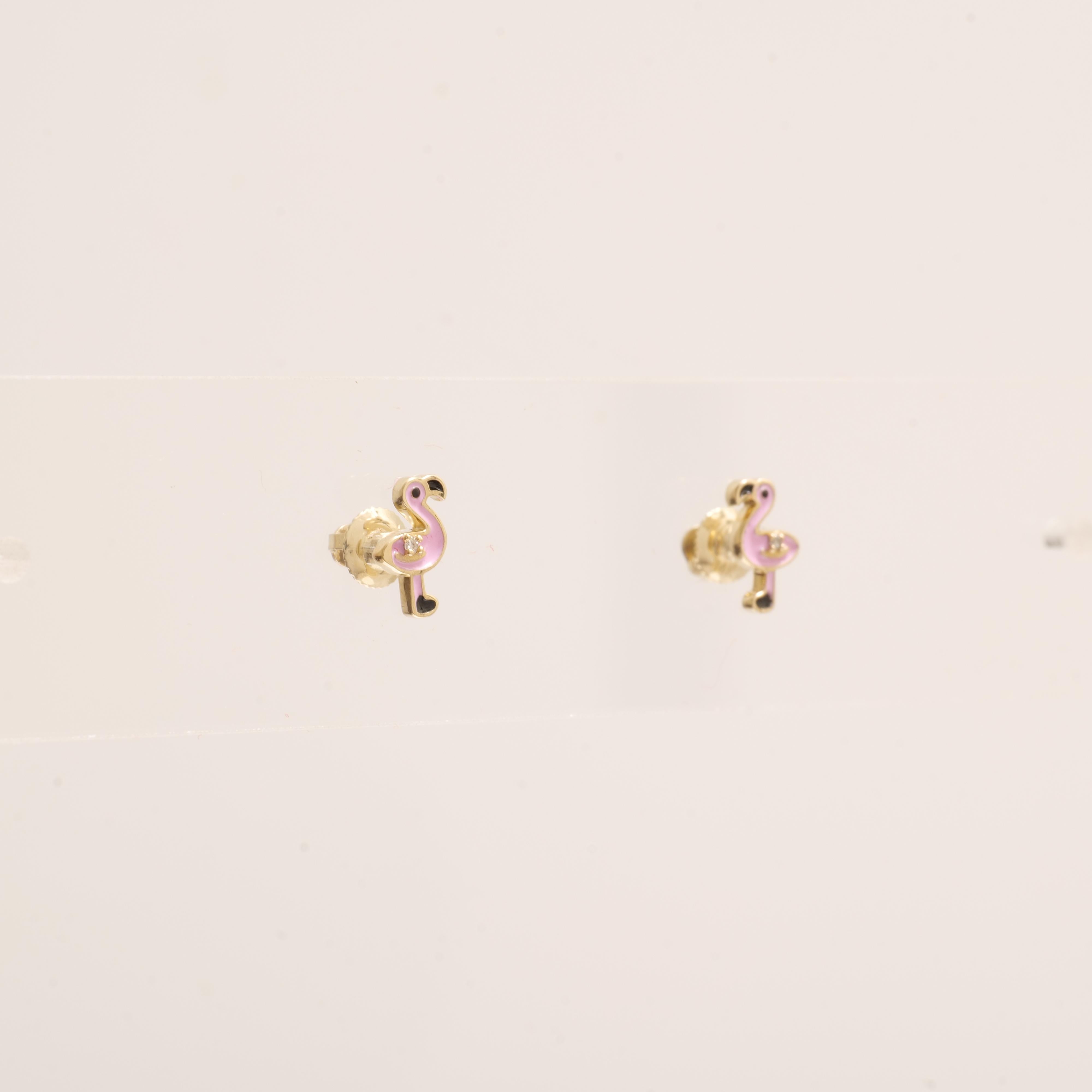 Round Cut Flamingo Diamond Kids Stud Earrings in 14k Solid Gold (Certified) For Sale