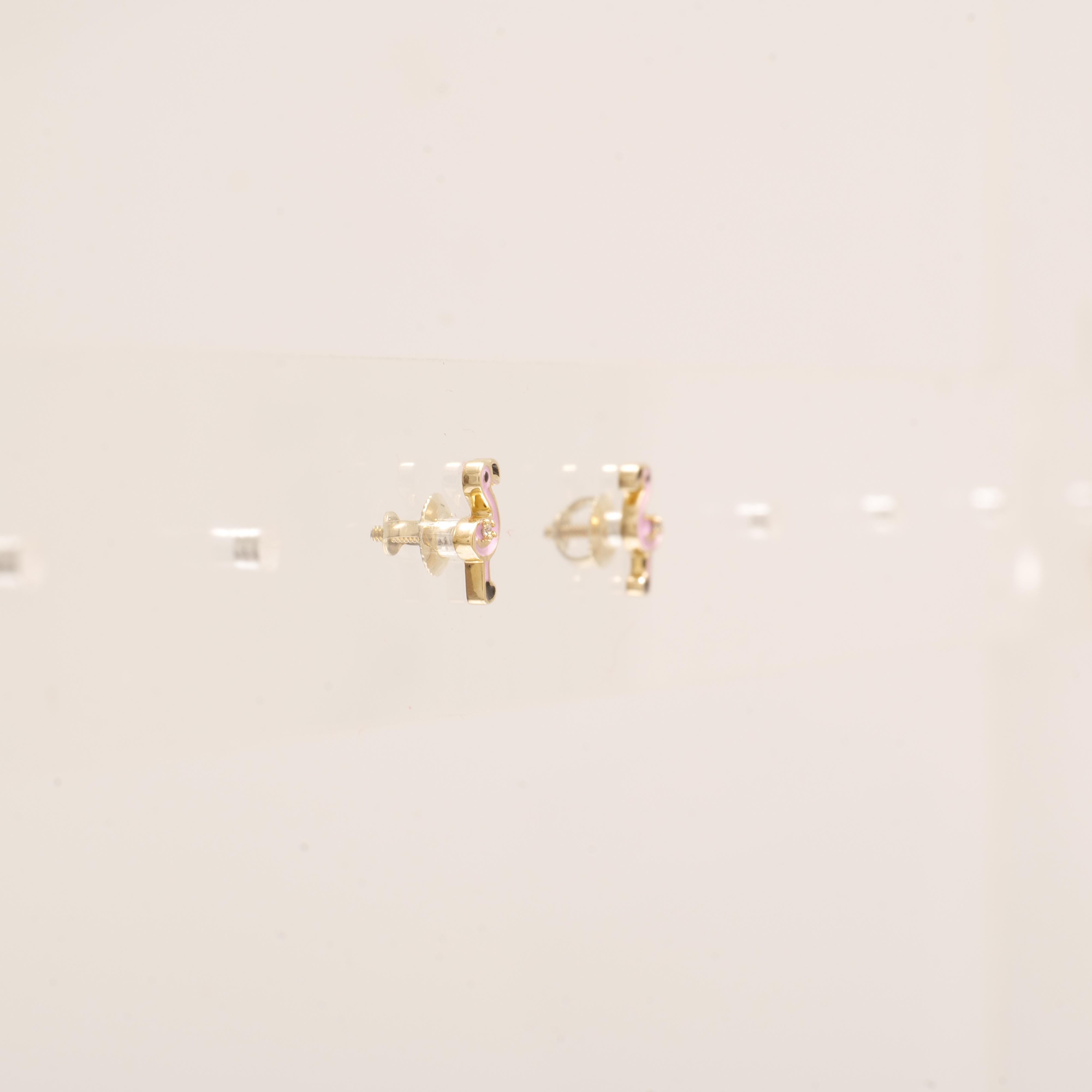 Flamingo Diamond Kids Stud Earrings in 14k Solid Gold (Certified) In New Condition For Sale In New Delhi, DL