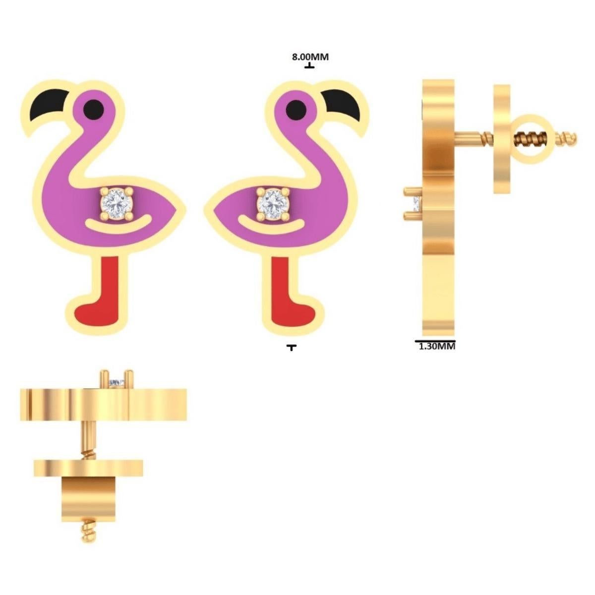 Women's Flamingo Diamond Kids Stud Earrings in 14k Solid Gold (Certified) For Sale