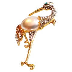 Vintage Flamingo Jelly Belly Faux Pearl Sparkling Crystal Figural Brooch Pin