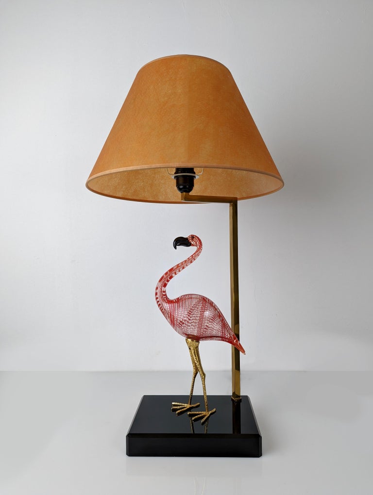 Italian Flamingo Lamp by Licio Zanetti in Murano Glass and Bronze, Signed, 1970s For Sale
