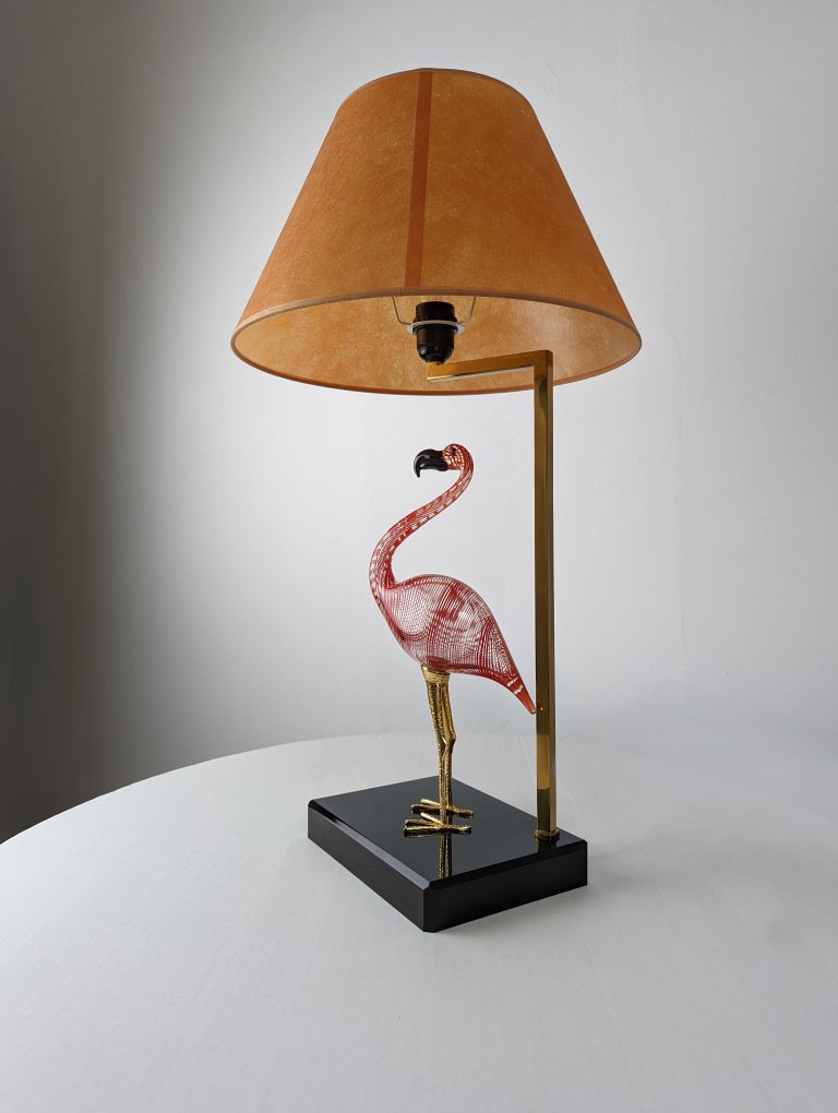 Late 20th Century Flamingo Lamp by Licio Zanetti in Murano Glass and Bronze, Signed, 1970s For Sale