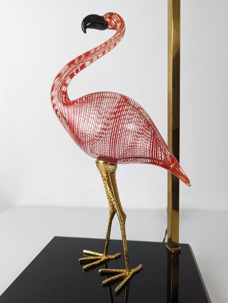 Flamingo Lamp by Licio Zanetti in Murano Glass and Bronze, Signed, 1970s For Sale 1