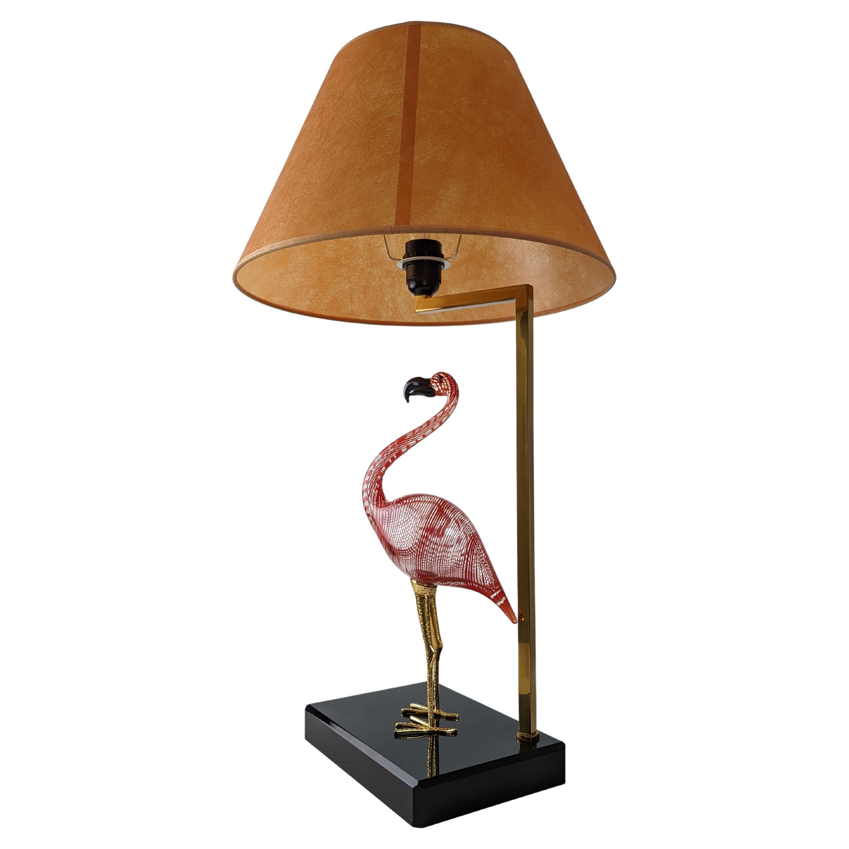 Flamingo Lamp by Licio Zanetti in Murano Glass and Bronze, Signed, 1970s