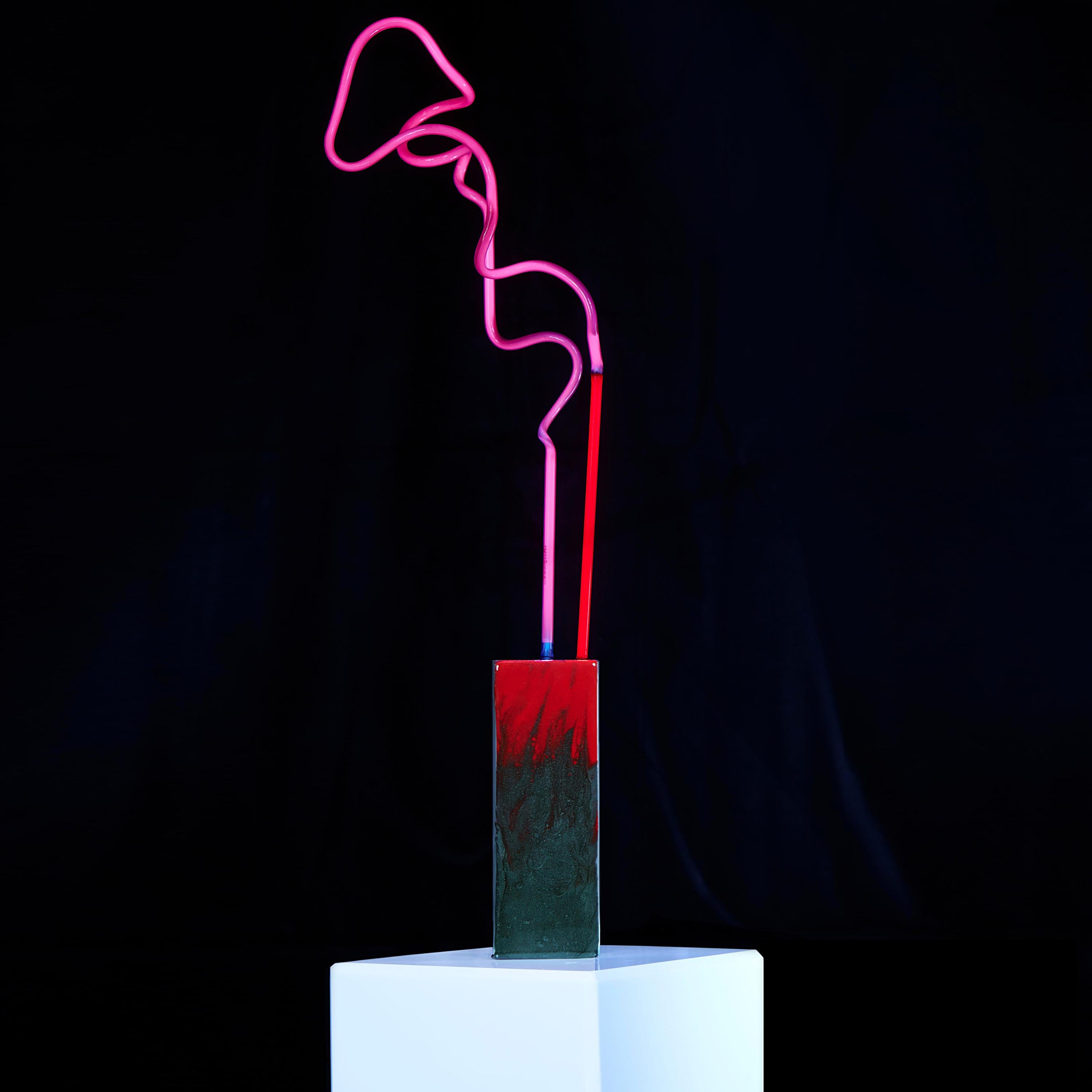 ‘Flamingo’ Neon Lamp in Hot Pink and Ruby Red Neon Glass, Handmade Modern For Sale