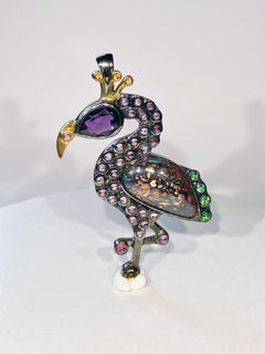 Flamingo Pendant / Brooch with Semiprecious Stones
