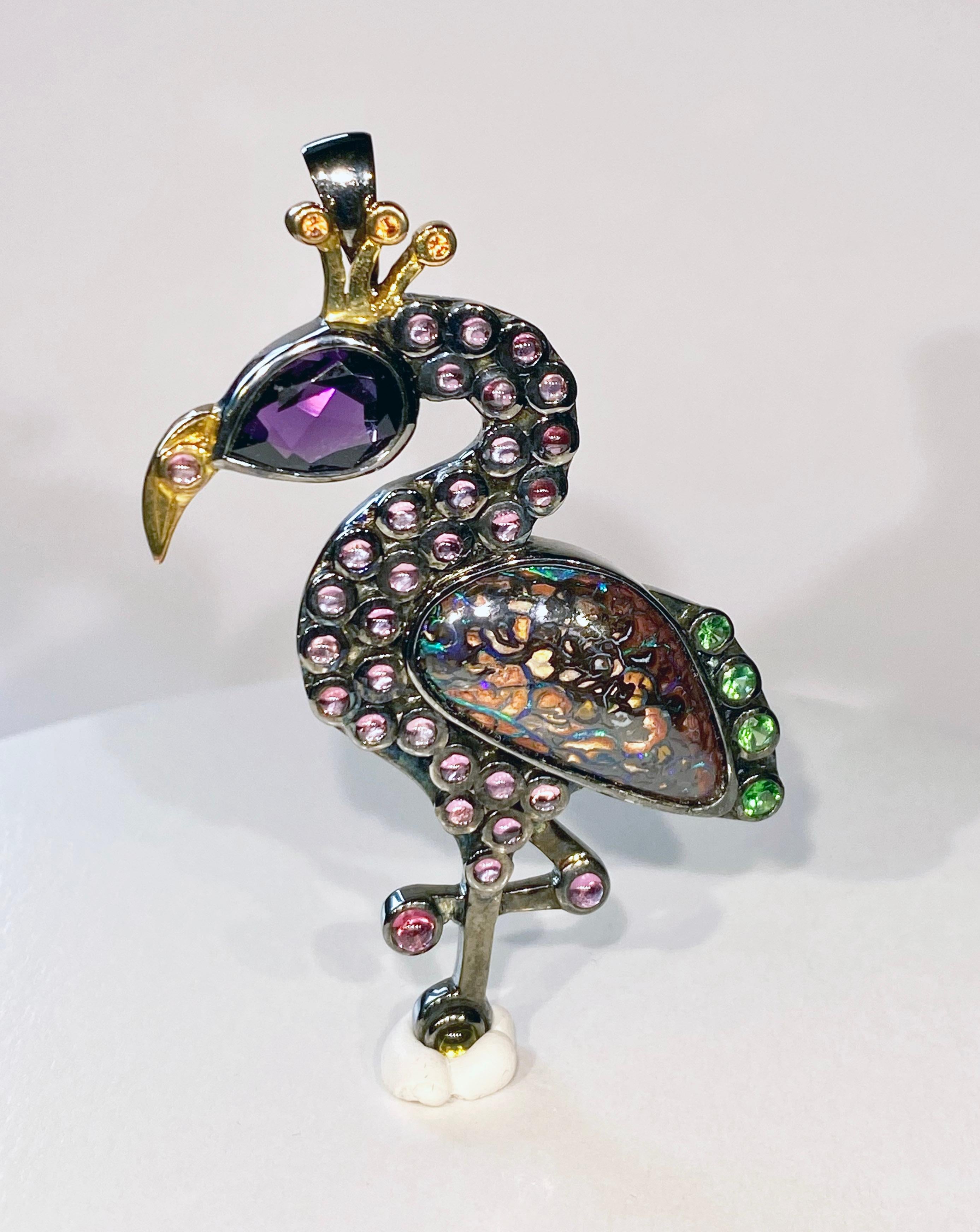Art Nouveau Flamingo Pendant / Brooch with Semiprecious Stones