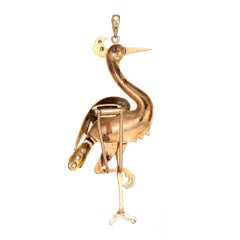 Flamingo Pendant Diamond Vintage 14k Yellow Gold Large Brooch Bird Jewelry