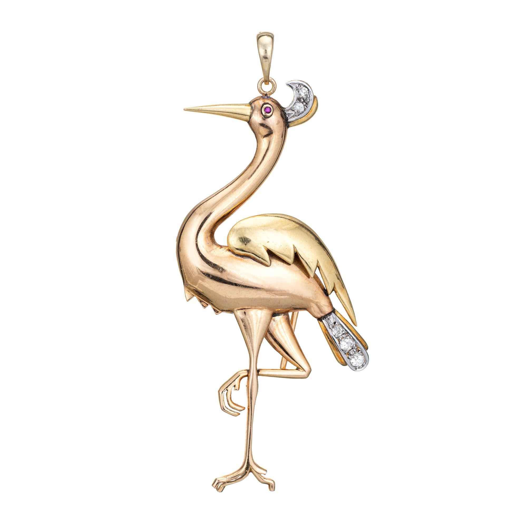 Retro Flamingo Pendant Diamond Vintage 14k Yellow Gold Large Brooch Bird Jewelry For Sale