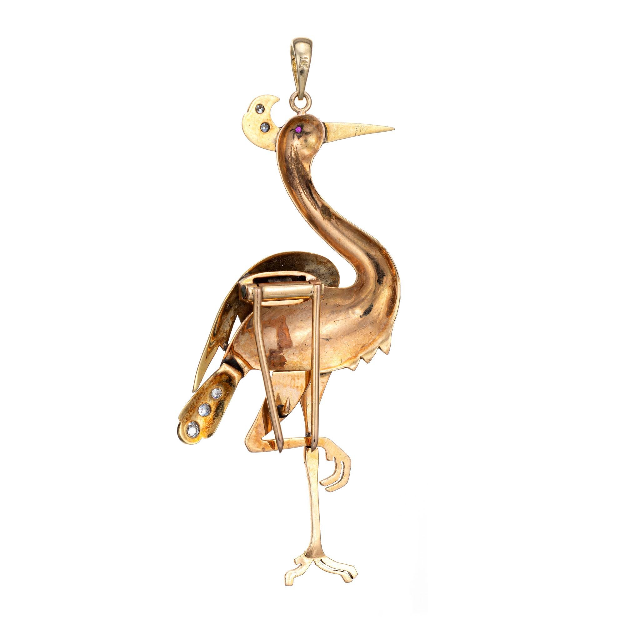 Old Mine Cut Flamingo Pendant Diamond Vintage 14k Yellow Gold Large Brooch Bird Jewelry For Sale