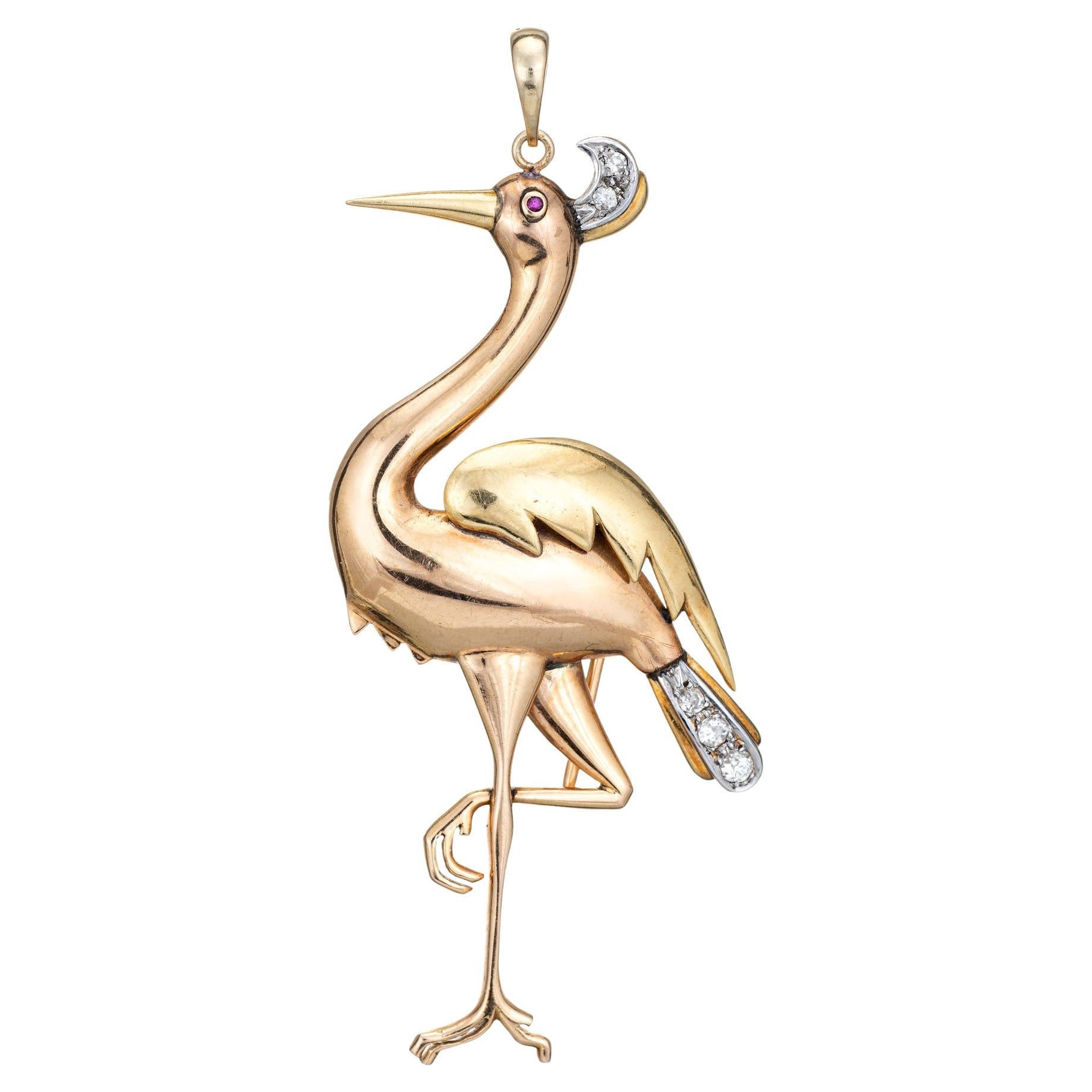 Flamingo Pendant Diamond Vintage 14k Yellow Gold Large Brooch Bird Jewelry For Sale