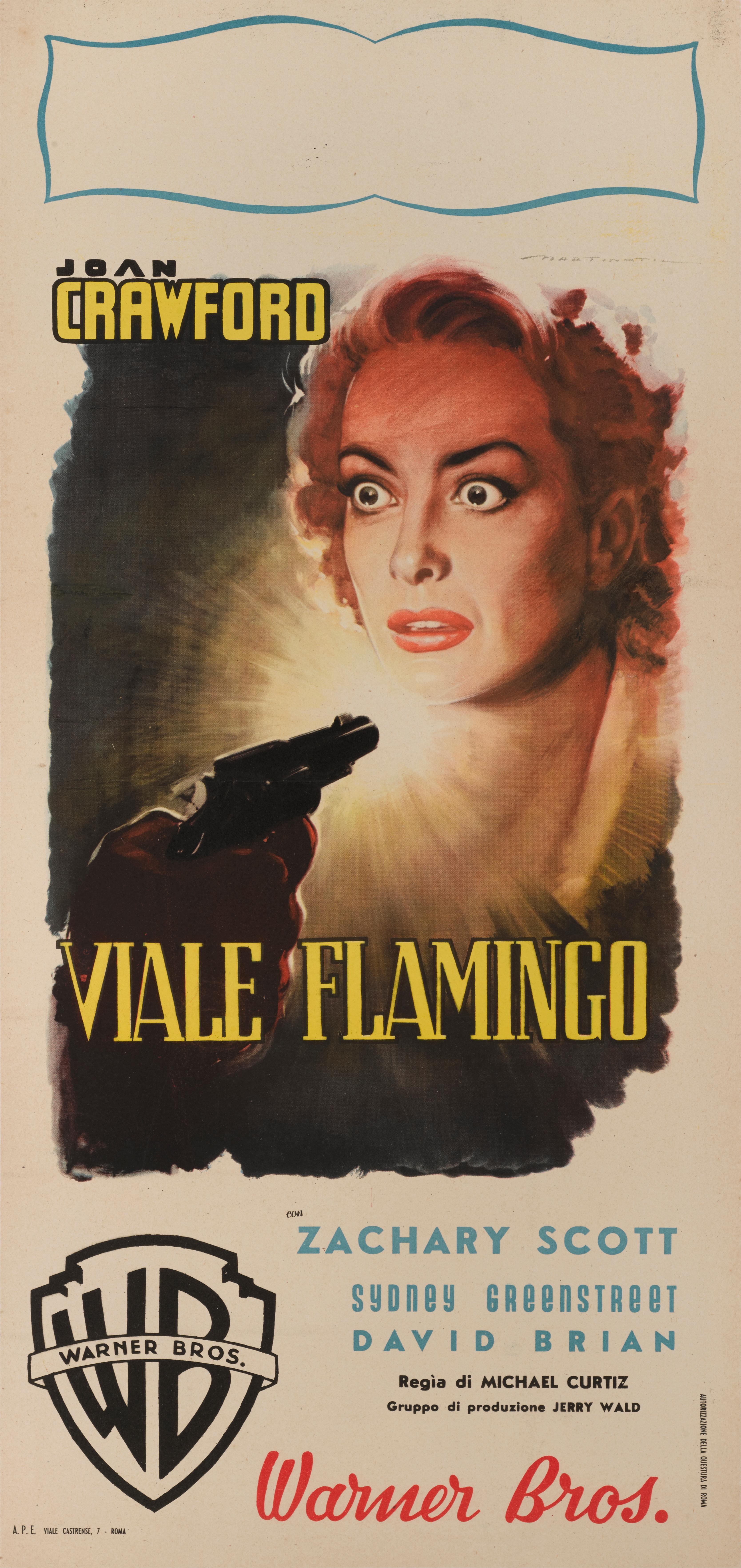 Original Italian film poster for the 1949 Film Noir directed by Michael Curtiz and starring Joan Crawford, Sydney Greenstreet and Zachary Scott. This size poster would have been used outside the cinema in glass display case. This wonderful artwork