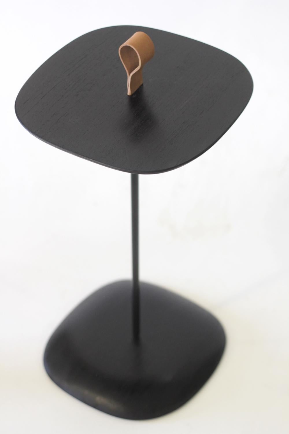 Brazilian elegant side table  made out of wood , metal and  leather by Gustavo Dias For Sale