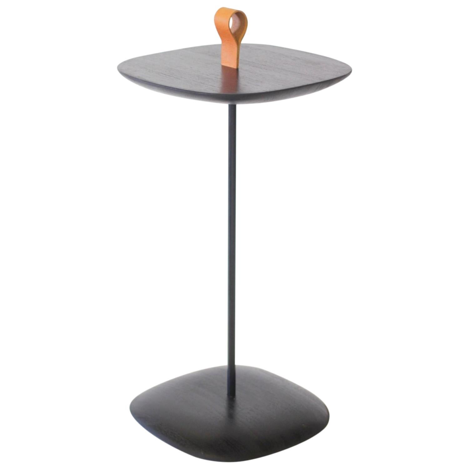 elegant side table  made out of wood , metal and  leather by Gustavo Dias For Sale