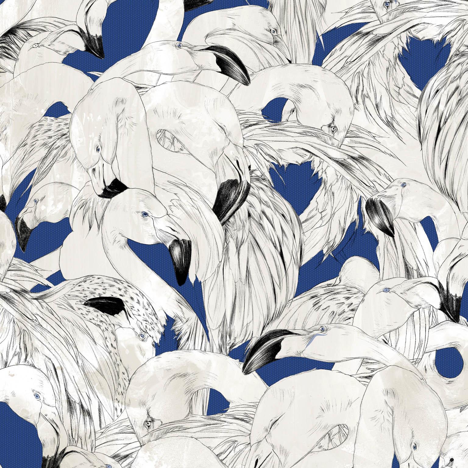 Modern Flamingo Wallpaper in Navy by 17 Patterns For Sale
