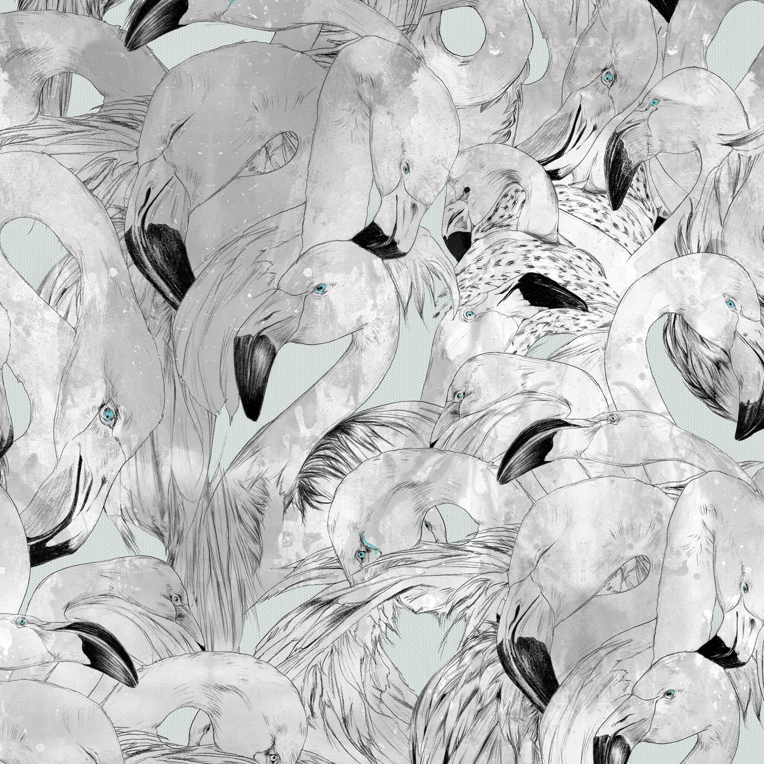 Modern Flamingo Wallpaper in Pale Blue by 17 Patterns For Sale