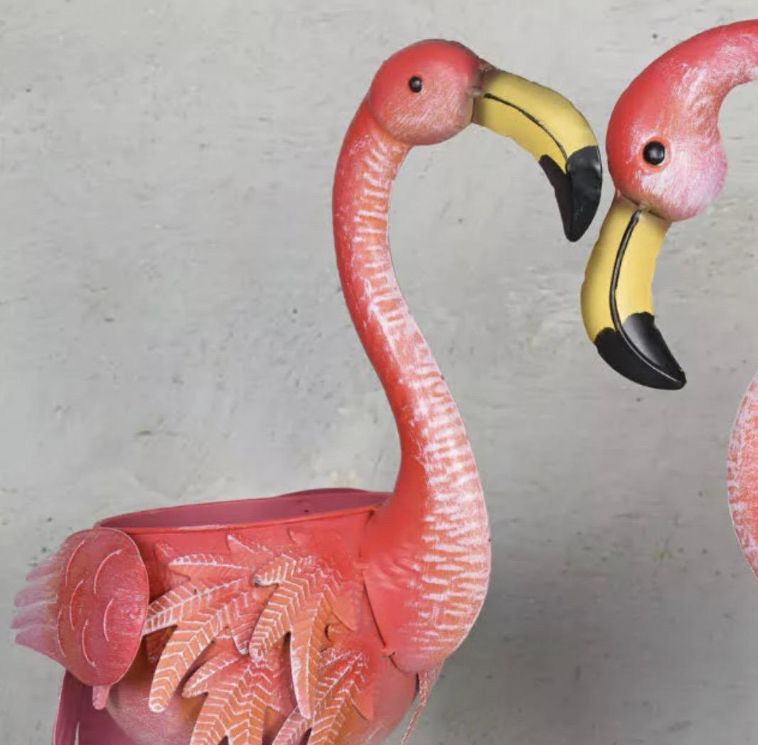 Italian Flamingos Couple Flowerpot Holder Metal Decorated Indoor / Outdoor, Art For Sale