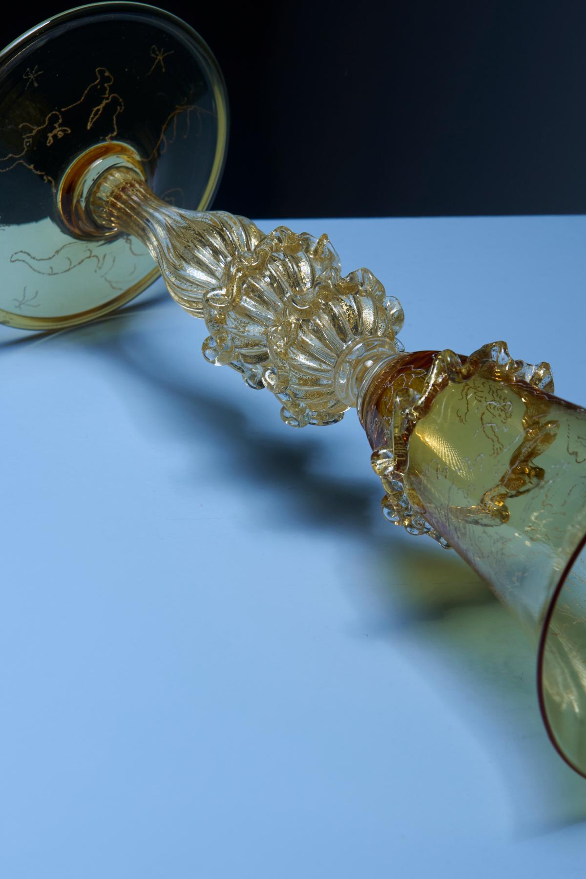 Italian Flaminia Veronesi Etched Murano Amber Glass For Sale