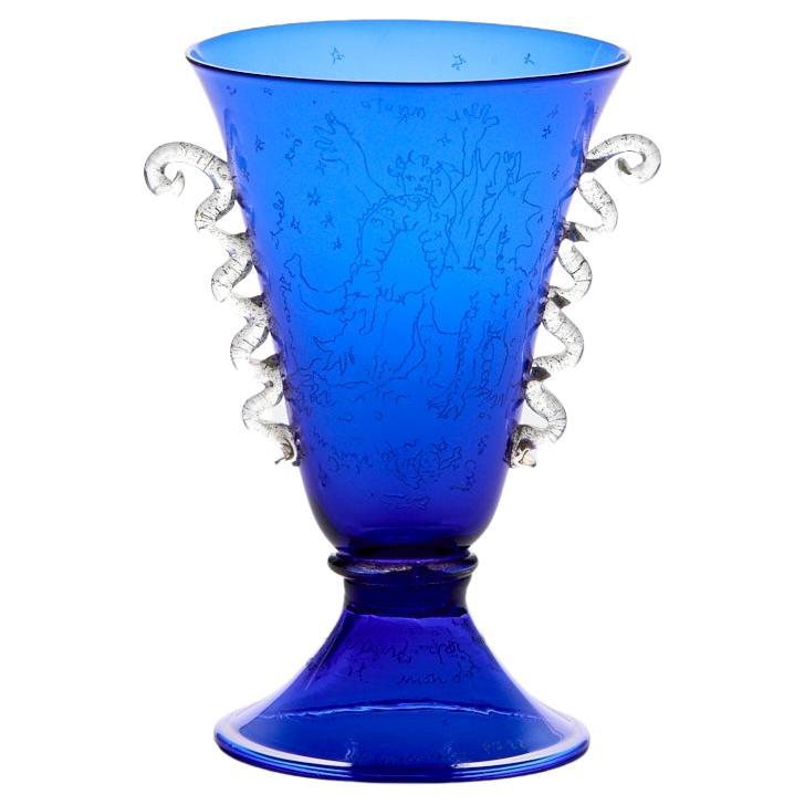 Flaminia Veronesi Etched Murano Dark Blue Glass For Sale