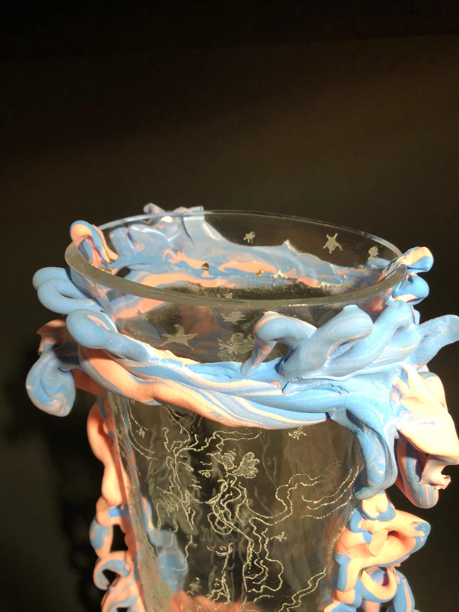 Buriné Flaminia Veronesi Vase en verre de Murano gravé avec applications en vente