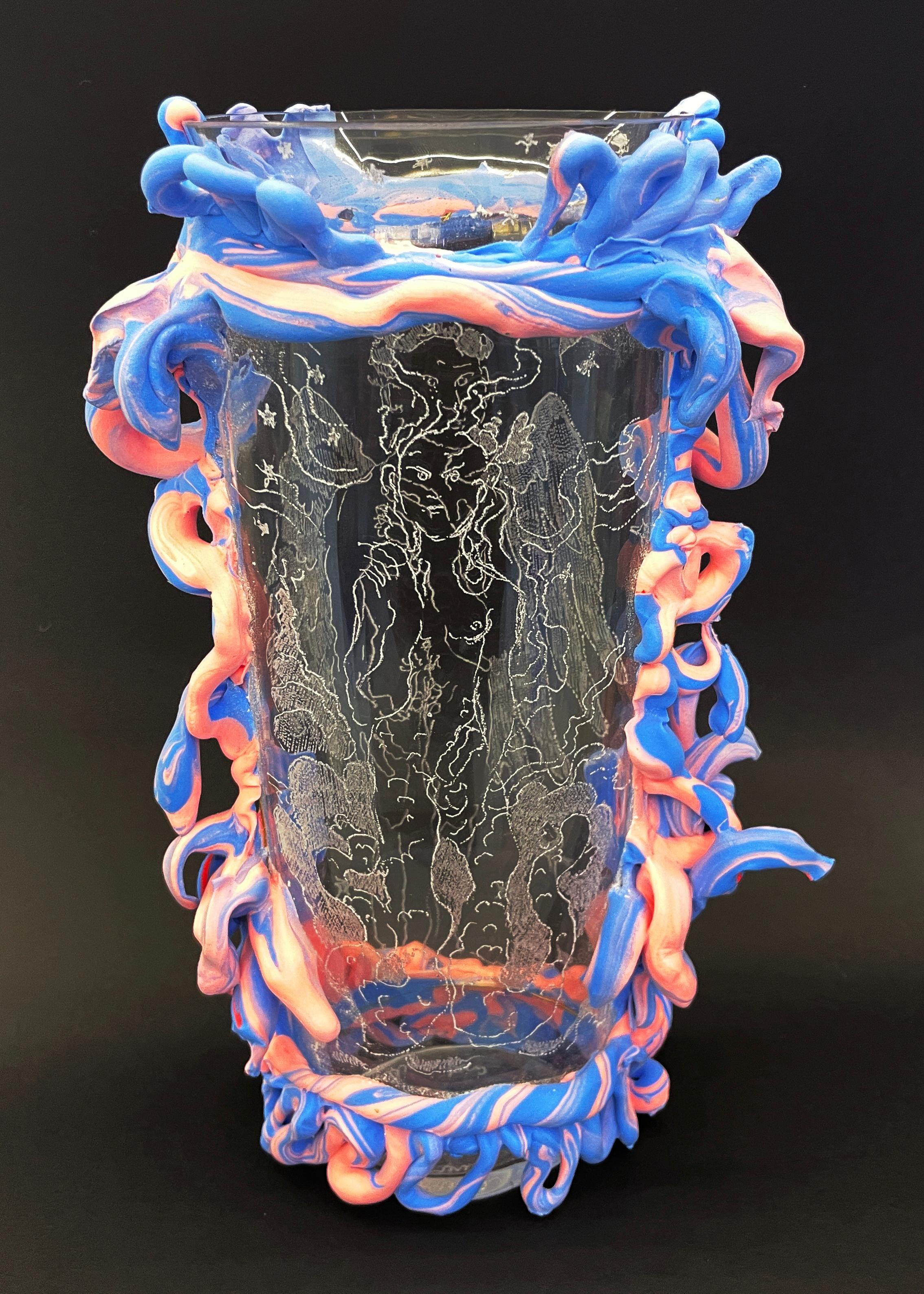 Italian Flaminia Veronesi Etched Murano Glass Vase with Appliqués For Sale