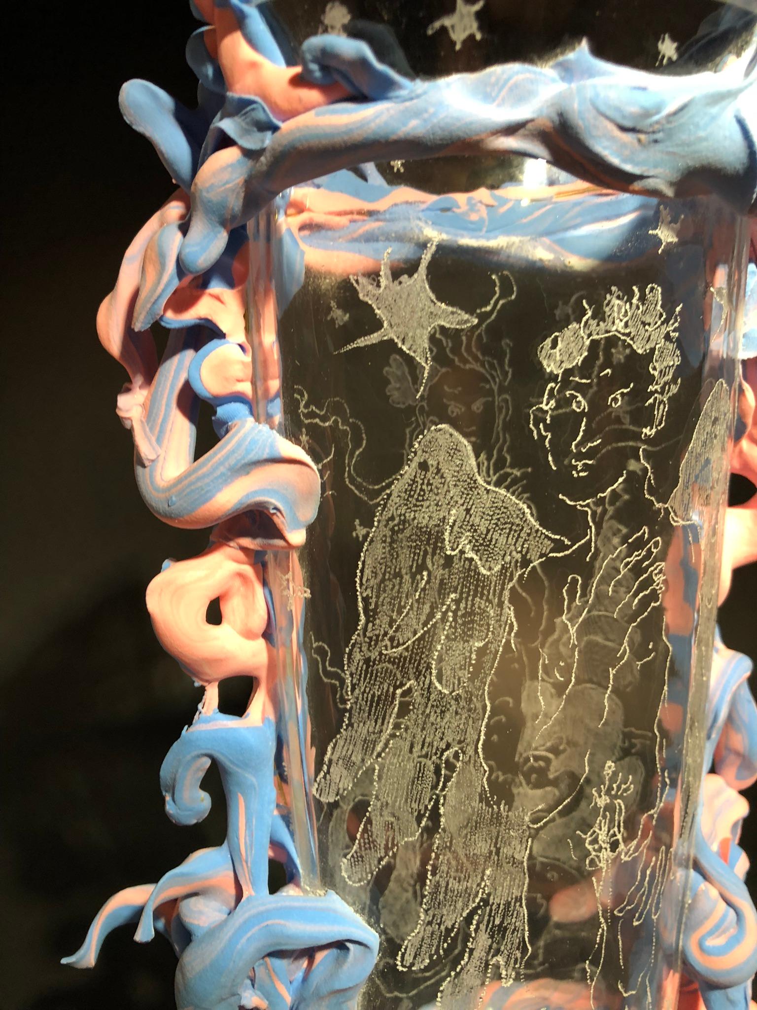 Verre d'art Flaminia Veronesi Vase en verre de Murano gravé avec applications en vente