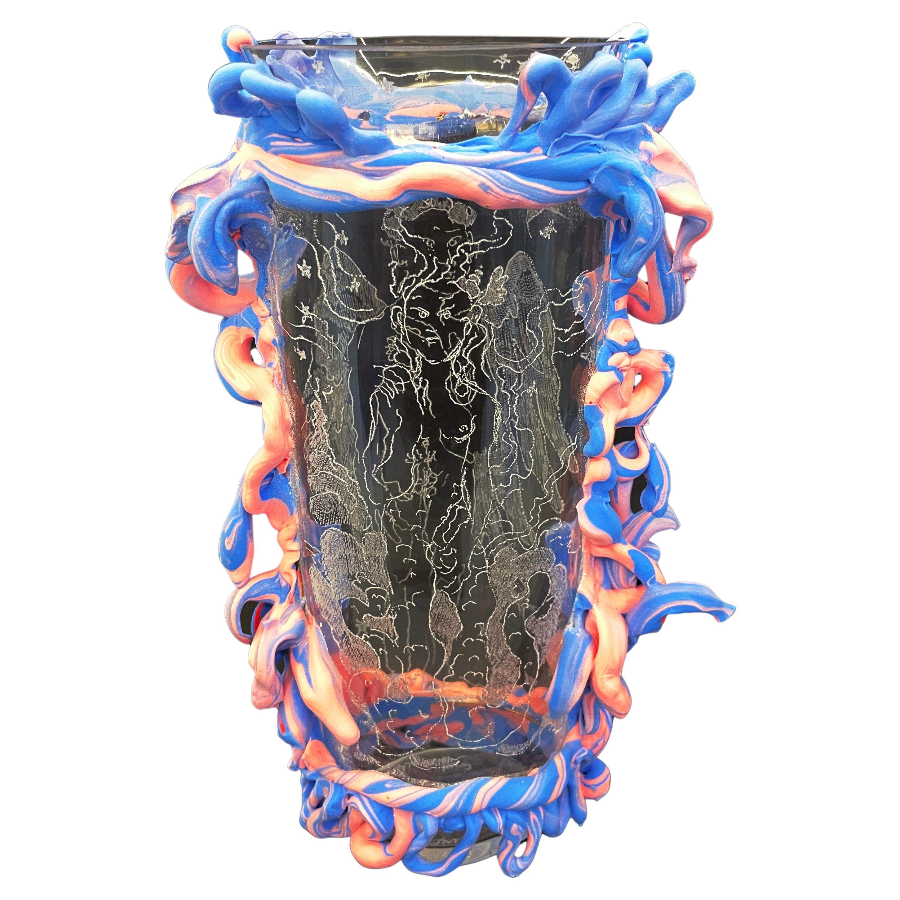 Flaminia Veronesi Etched Murano Glass Vase with Appliqués For Sale