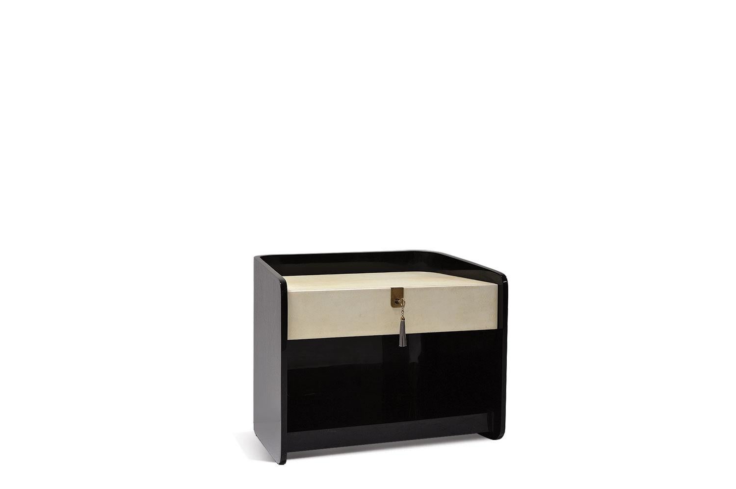 High gloss black lacquered mahogany wood bedside nightstand or side table with goatskin surface and drawer face. Goatskin and wood finish options are available for made to order requests.