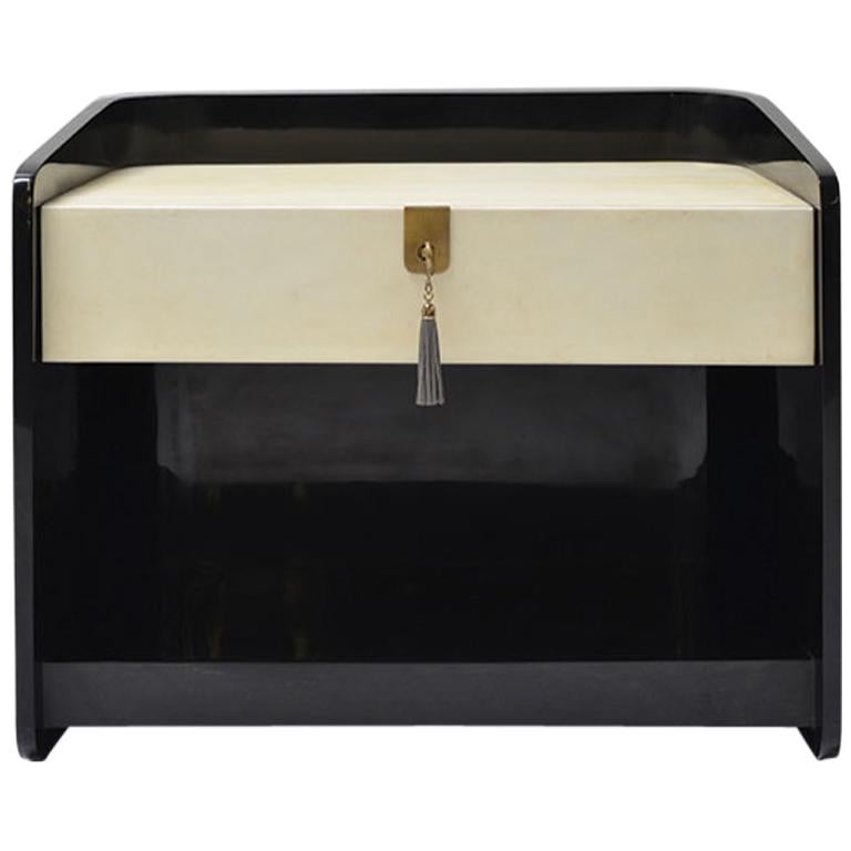 Flamme Blackened and Lacquered Mahogany Wood and Goatskin Finish Bedside Table