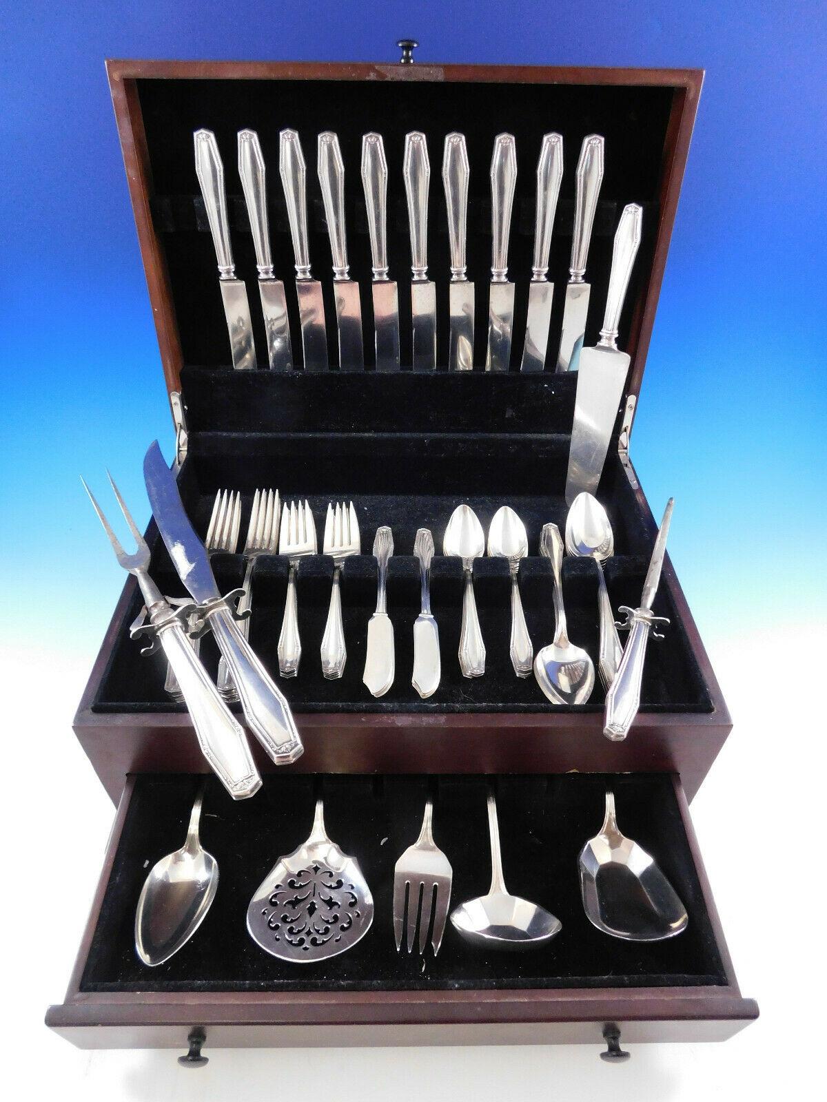 Scarce Art Deco Flanders-New by Alvin, circa 1923, sterling silver Flatware set, 70 pieces. This set includes:

10 Regular Knives, 9