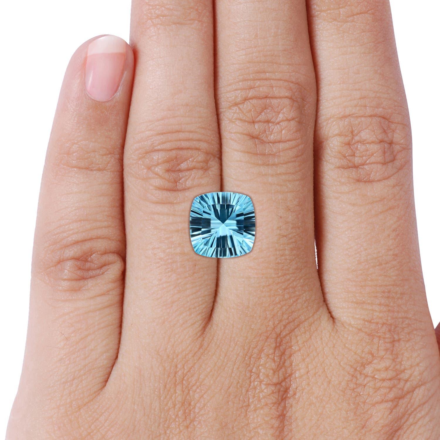 For Sale:  Flanked by Dazzling Trillion Diamonds is a GIA Certified Cushion Sky Blue Topaz 8