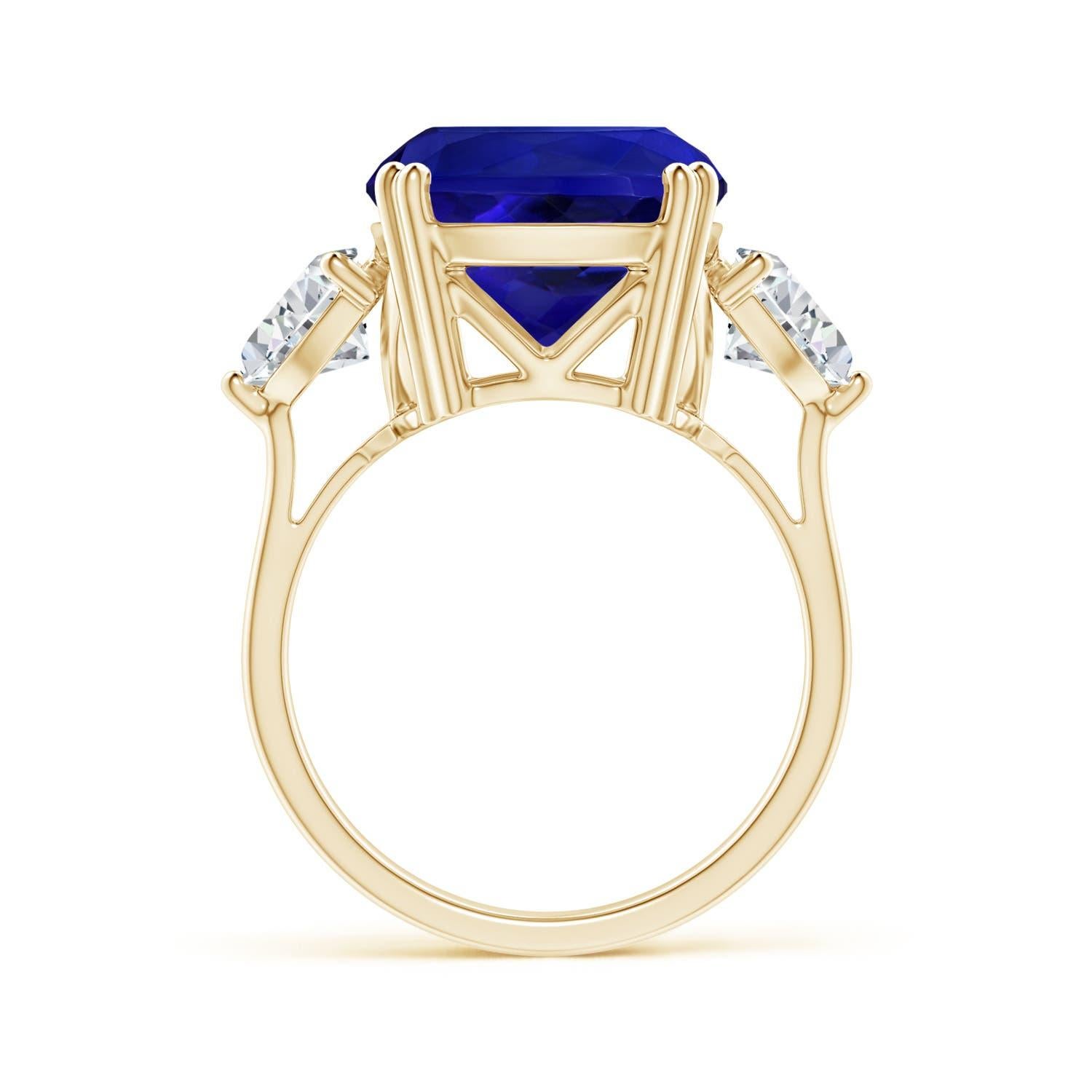 For Sale:  Flanked by Sparkling Trillion Diamonds Is a GIA Certified Cushion Tanzanite Held 2