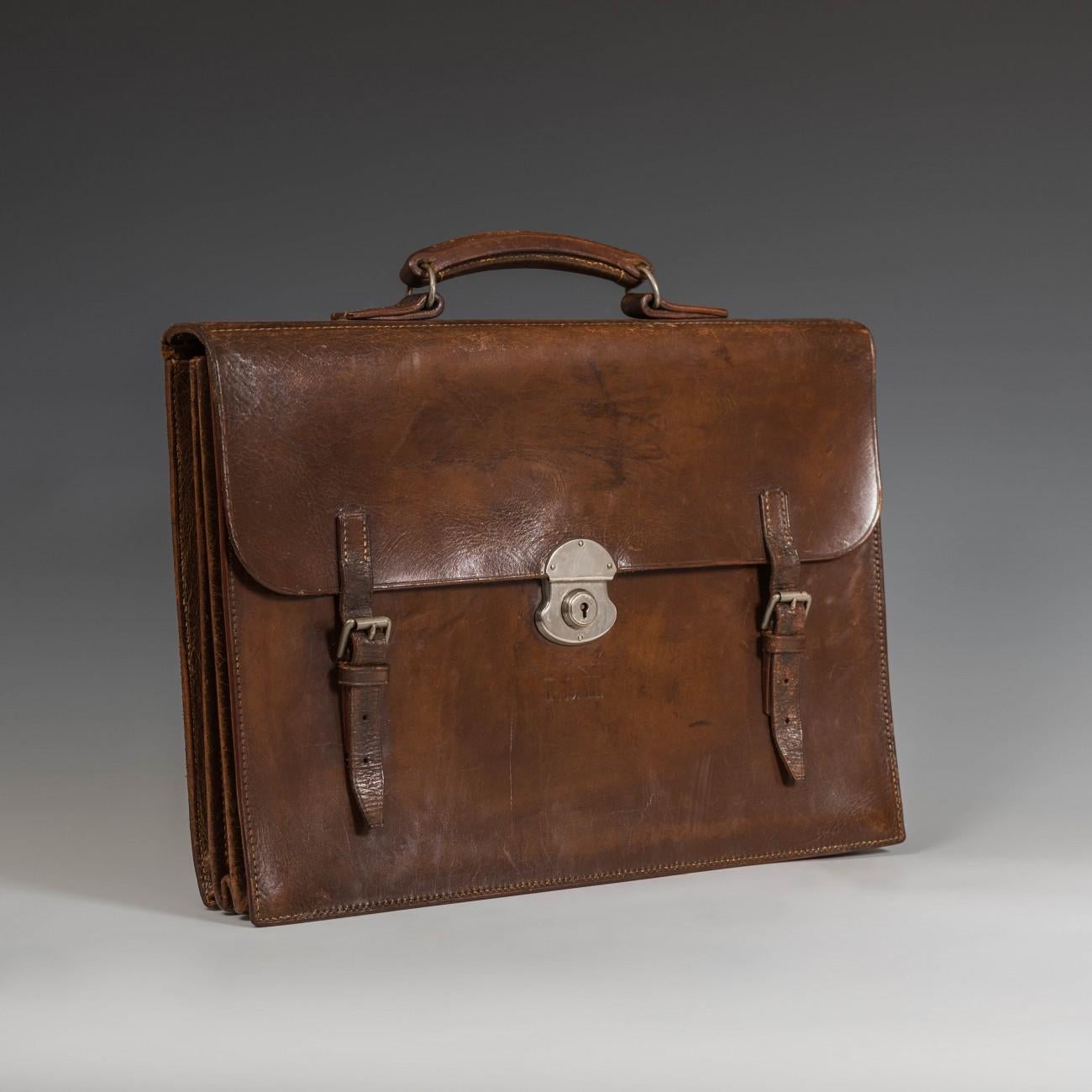 British Flap-Over Dark Tan Leather Briefcase, circa 1950