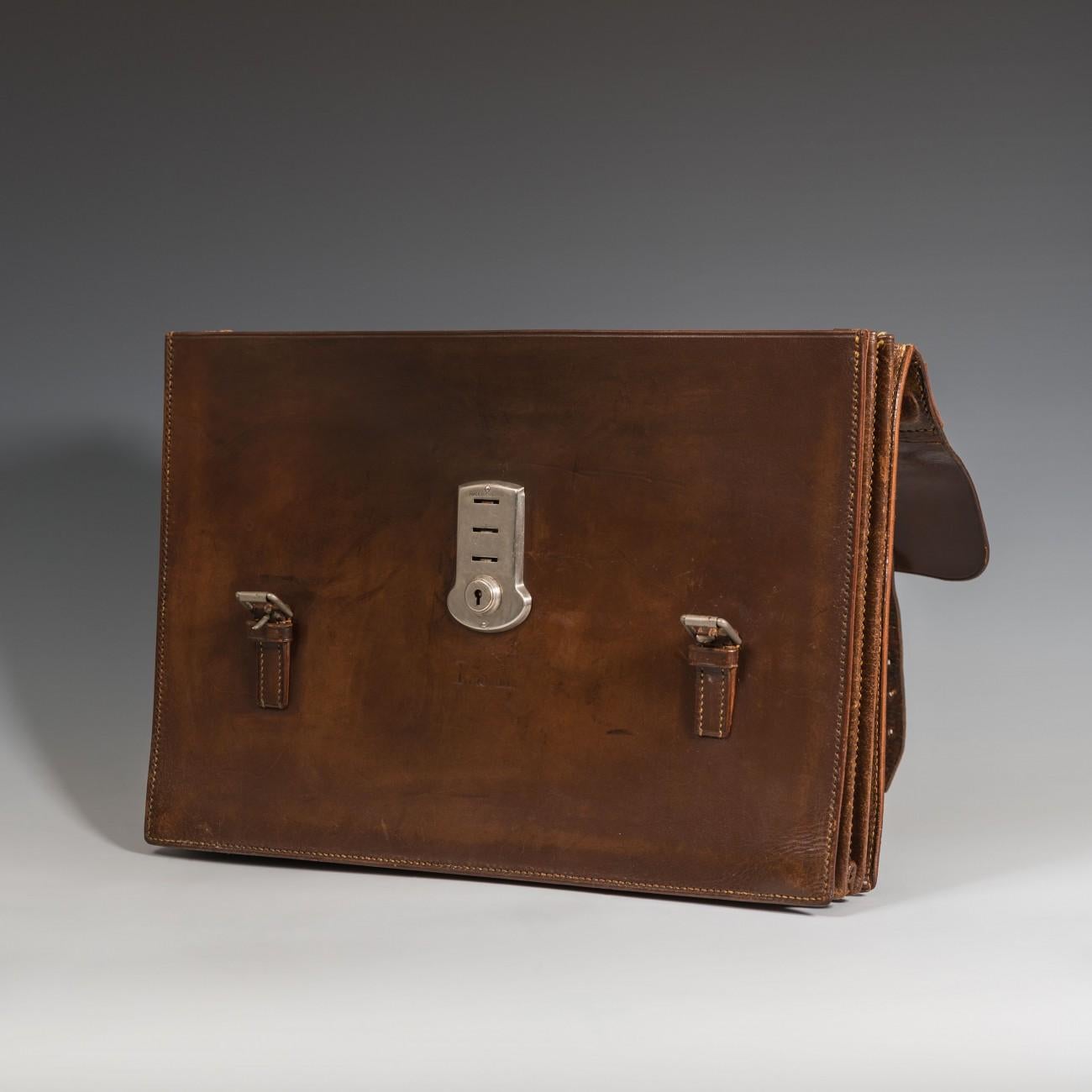 Mid-20th Century Flap-Over Dark Tan Leather Briefcase, circa 1950
