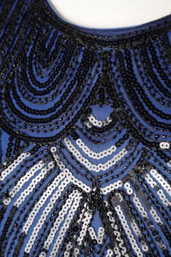 Flapper dress with back sequin, black beads, fringes and blue lining