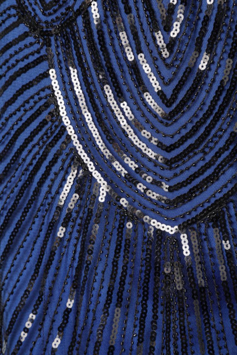 Black Flapper dress with back sequin, black beads, fringes and blue lining For Sale