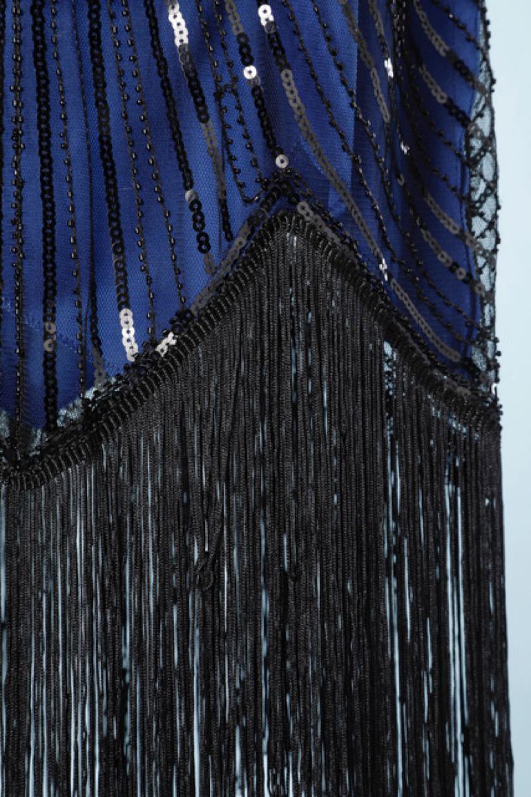 Women's Flapper dress with back sequin, black beads, fringes and blue lining For Sale