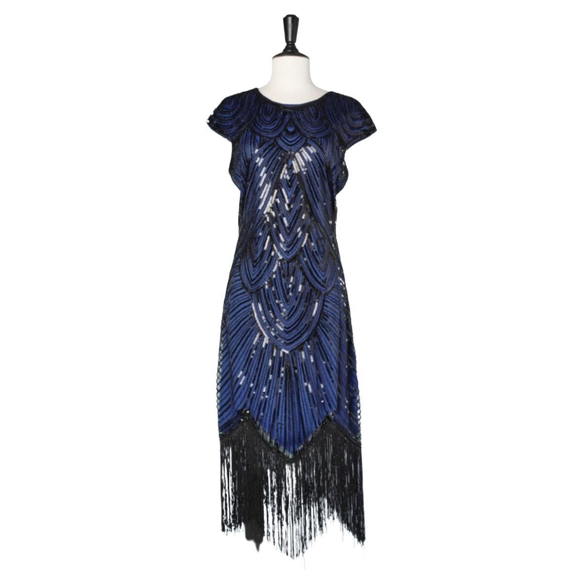 Flapper dress with back sequin, black beads, fringes and blue lining For Sale