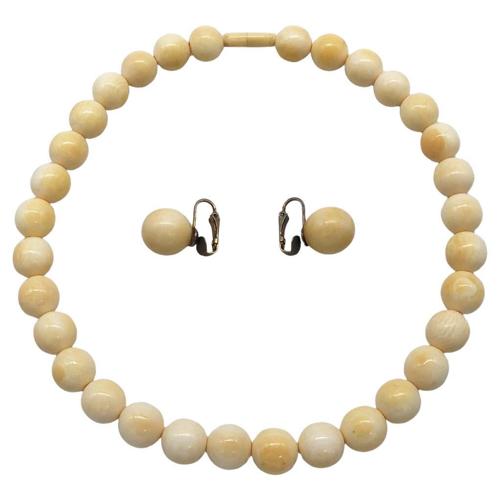 Flapper Era Bone Beaded Necklace Choker w/ Matching Clip-on Earrings