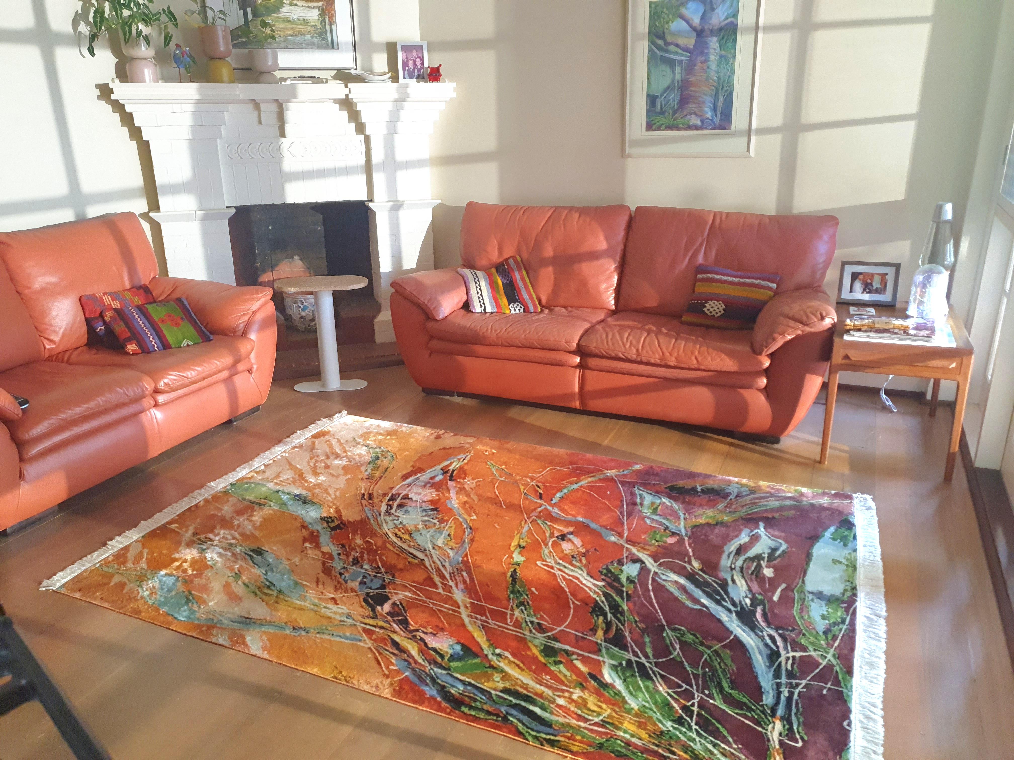 Expressionist Flare:  Designer orange silk hand-knotted rug by Dena Lawrence woven in Kashmir For Sale