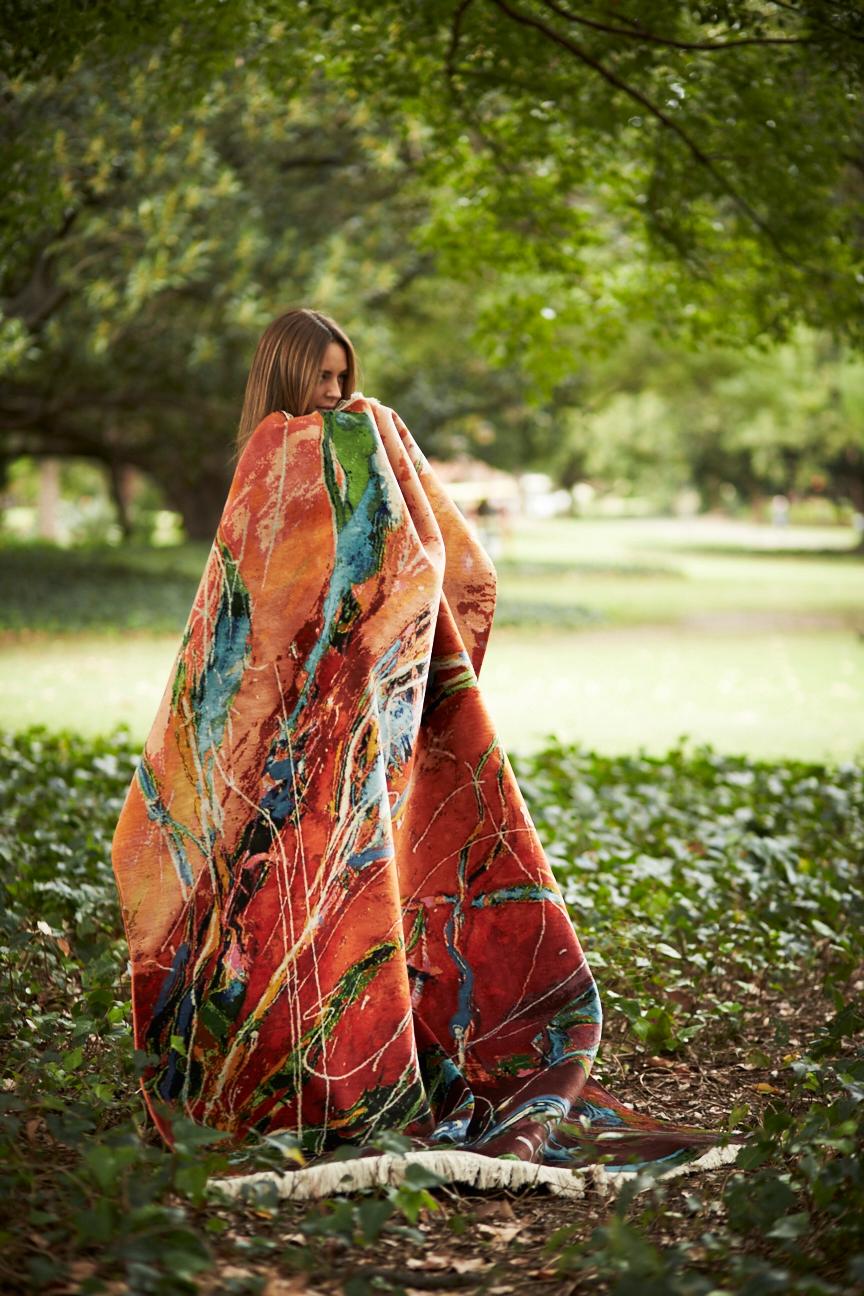 Indian Flare:  Designer orange silk hand-knotted rug by Dena Lawrence woven in Kashmir For Sale