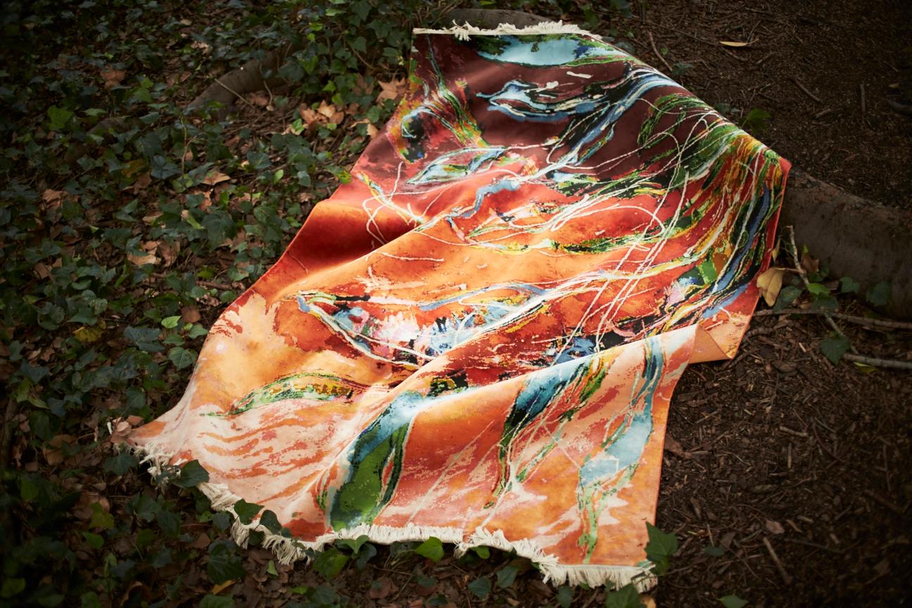 Hand-Knotted Flare:  Designer orange silk hand-knotted rug by Dena Lawrence woven in Kashmir For Sale