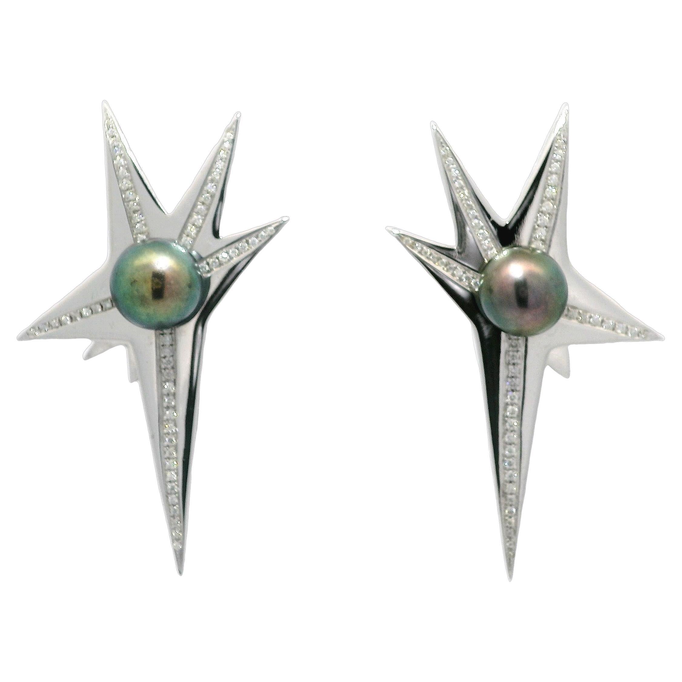 Flare Tahitian Pearl with Diamond 18K White Gold Earrings