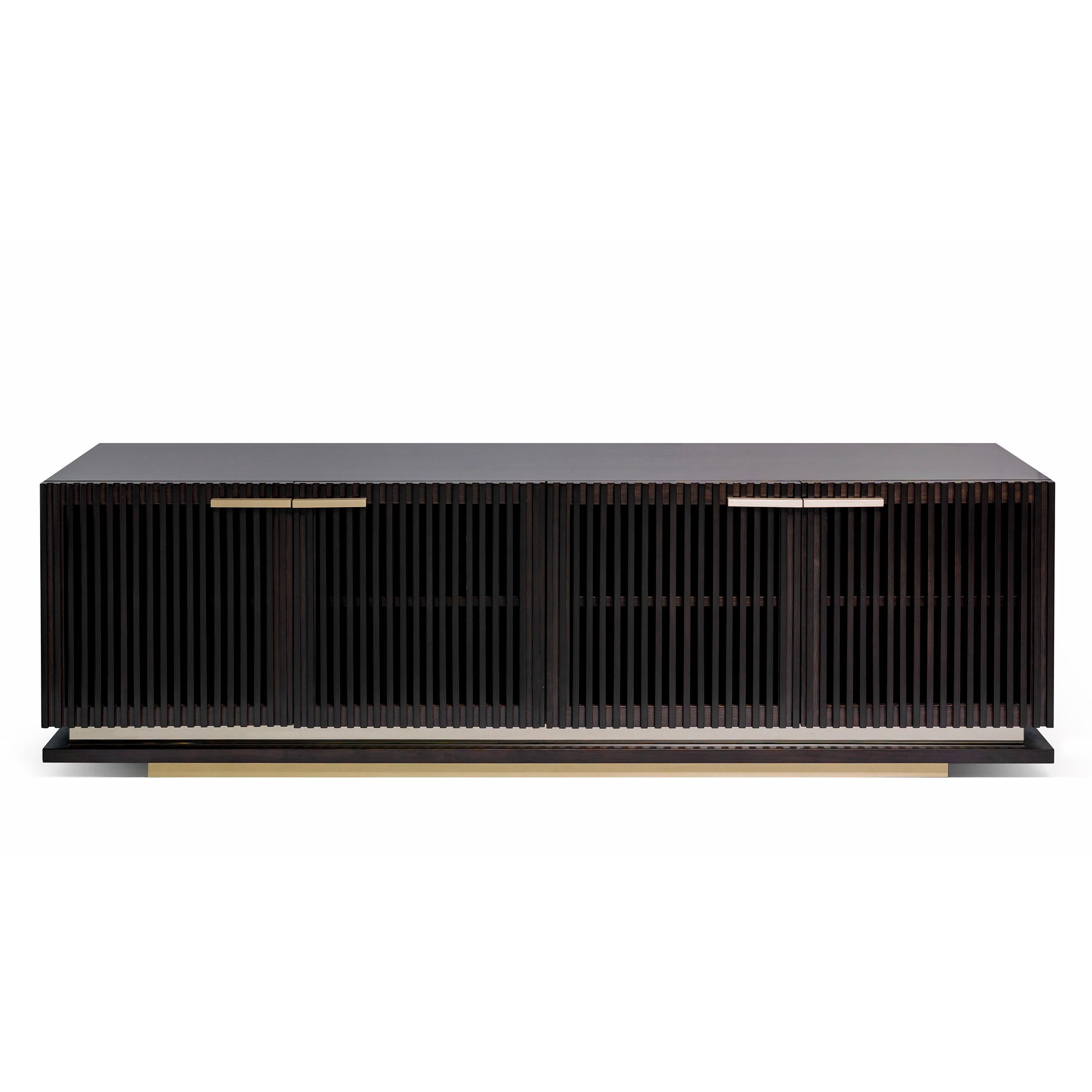 Portuguese Flare TV Unit, in Darkened Walnut and Bronze Mirror, Handcrafted by Duistt For Sale