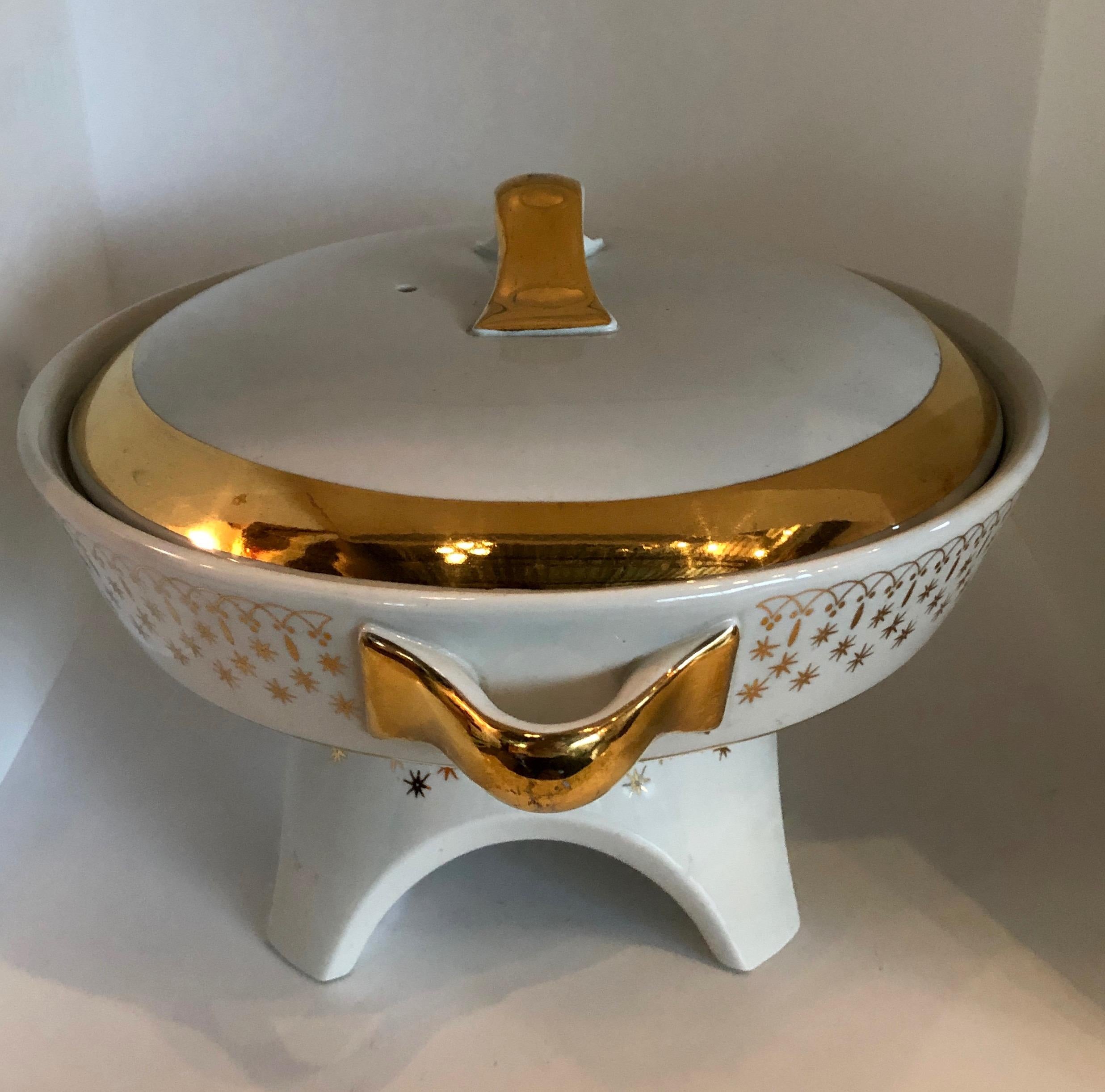 Flare-Ware by Hall China White Porcelain with Gilt Accents Chafing Dish / Fondue For Sale 1