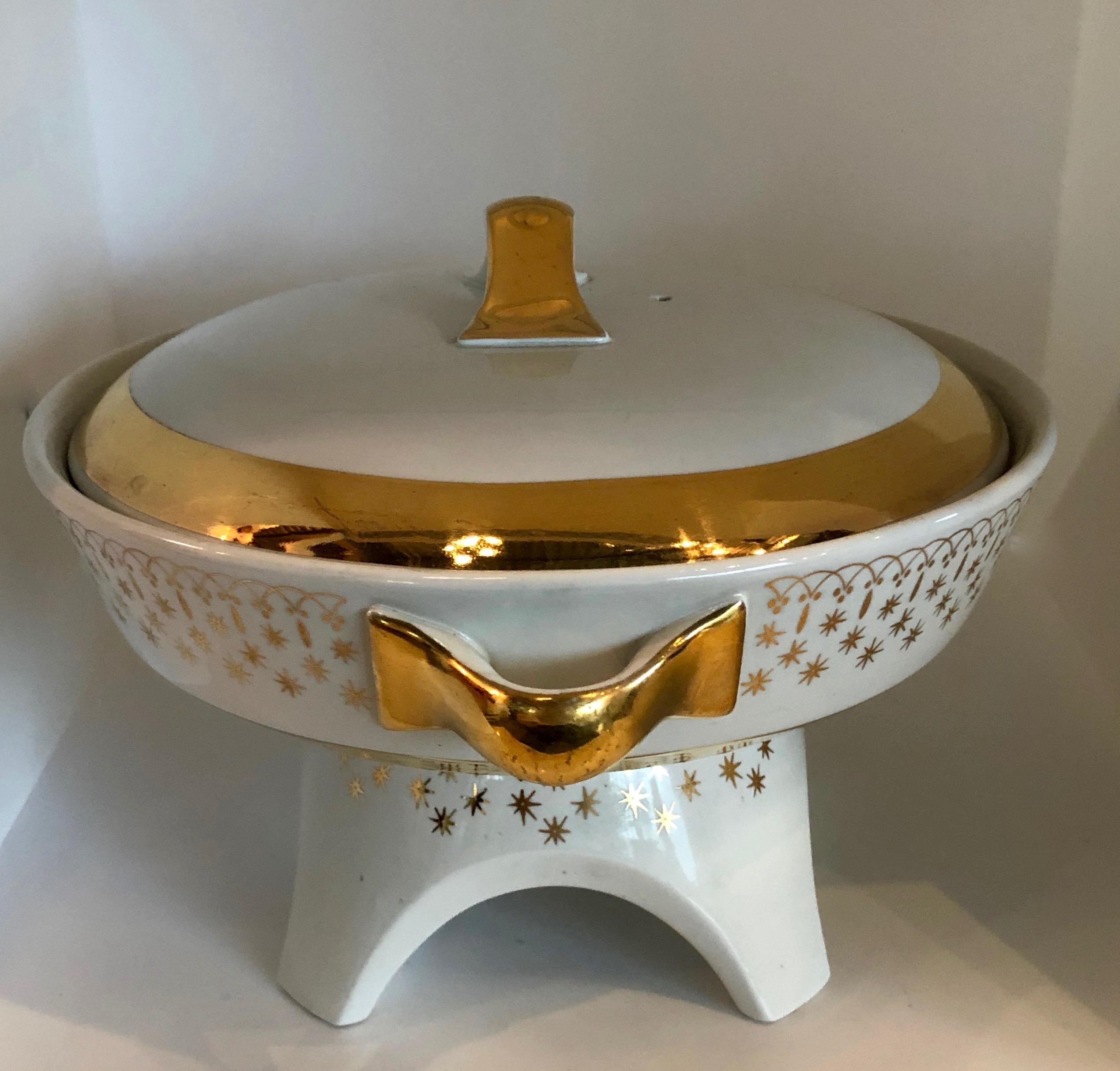 American Flare-Ware by Hall China White Porcelain with Gilt Accents Chafing Dish / Fondue For Sale